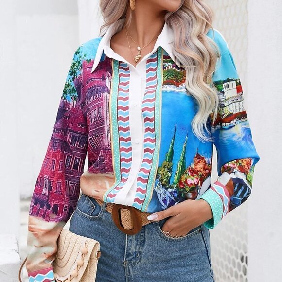 Multicolor Boho Womens Building Print Drop Shoulder Shirt - Picture 2 of 5